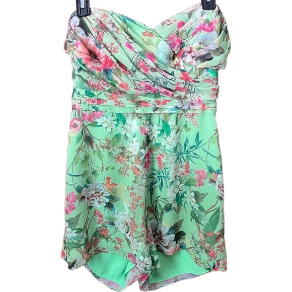Jay Godfrey Lydia Green Floral Print Strapless Romper Shorts Size 6 Pleated - Picture 2 of 13